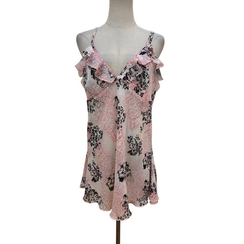 Sheer Floral Babydoll Slip Dress Ruffles Lingerie Pink Black Sz L Coquette